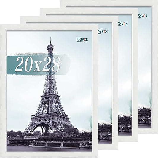 VCK 20x28 Picture Frame Set of 4 - White, Gallery-Quality Wood Poster Frames, 1.1-Inch Wide Border, Polished Plexiglass, Vertical or Horizontal Wall Display for Photo/Art/Prints, White