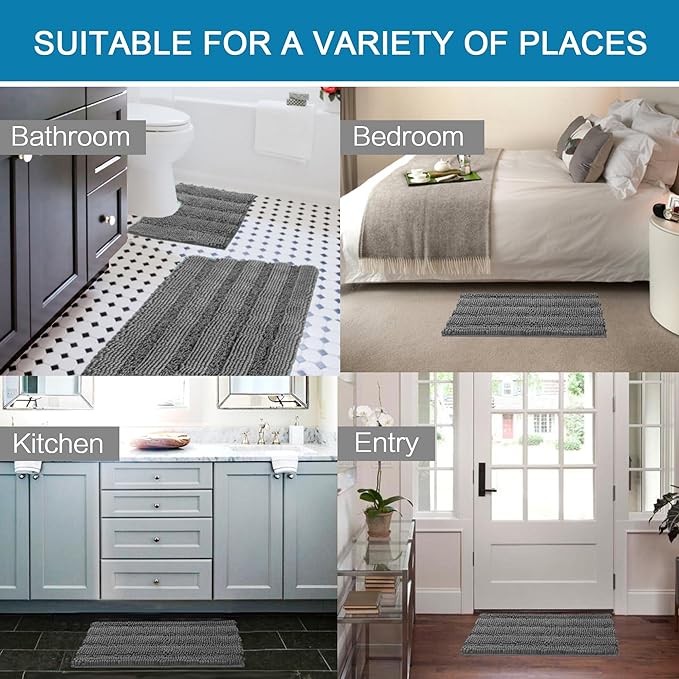 H.VERSAILTEX Bathroom Rugs Bath Rug Set 2 Piece Bathroom Contour Rug Toilet Mat Sets Non Slip Contour Bath Rug Ultra Thick Water Absorbent Striped Bath Mats Washable(47" x 17" Plus 20" x 20" U, Grey)