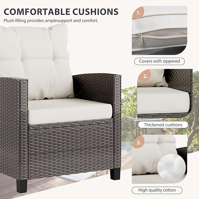 Vongrasig 3 Piece Patio Furniture Set Small Outdoor Wicker Rattan Front Porch Bistro Set Cushioned Patio Chairs Conversation Set with Glass Table for Lawn, Garden, Backyard, Balcony, Poolside (Beige)