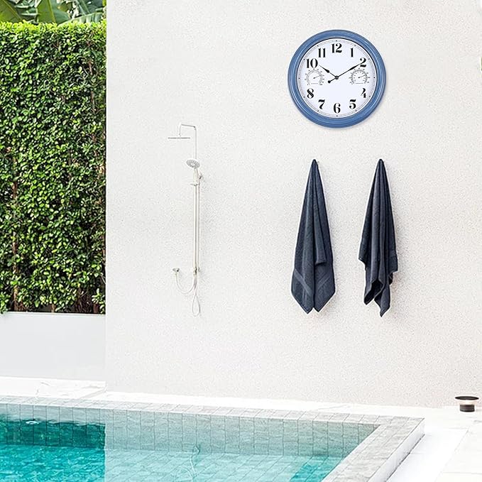 12 inch Outdoor Wall Clock, Plastic Waterproof Outdoor Clock with Temperature & Humidity, Water Resistant Wall Clocks for Patio Garden, Blue