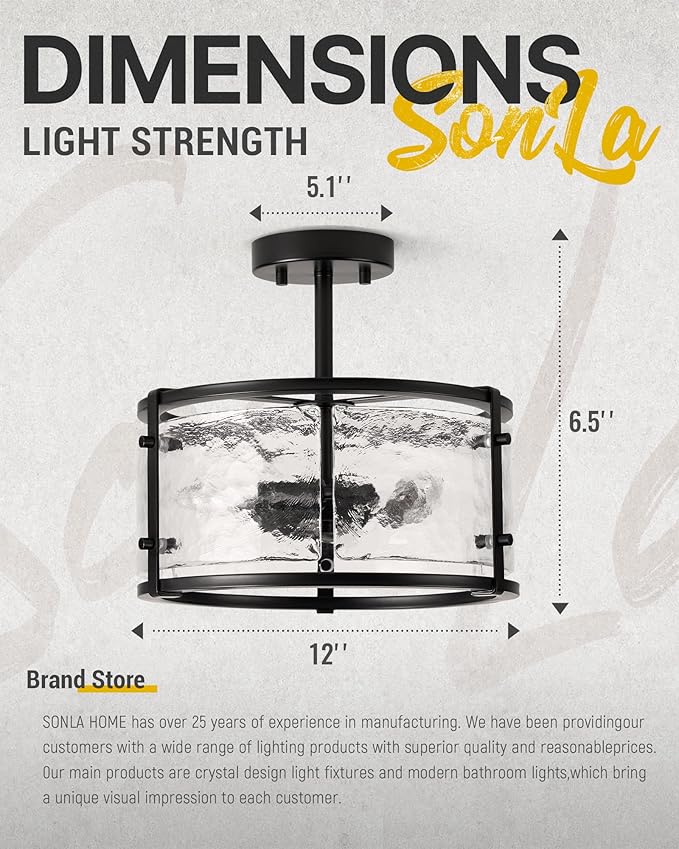 Semi Flush Mount Ceiling Light Fixturs - Black Ceiling Lights - 14inch Ceiling Light Fixtures with Glass - E12 3-Light Hallway Lighting Fixtures C2118-BK