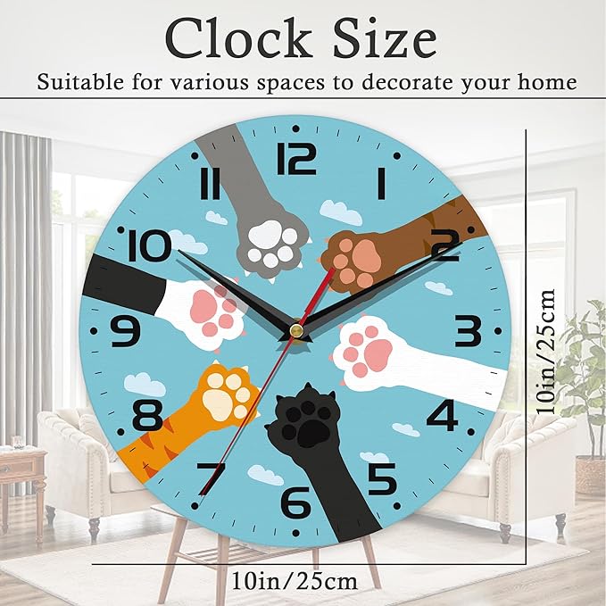 Wall Clock, 10 Inch Silent Non-Ticking Home Kitchen Decor, Battery Operated for Bathroom Bedroom Living Room Office(Cute Paws)