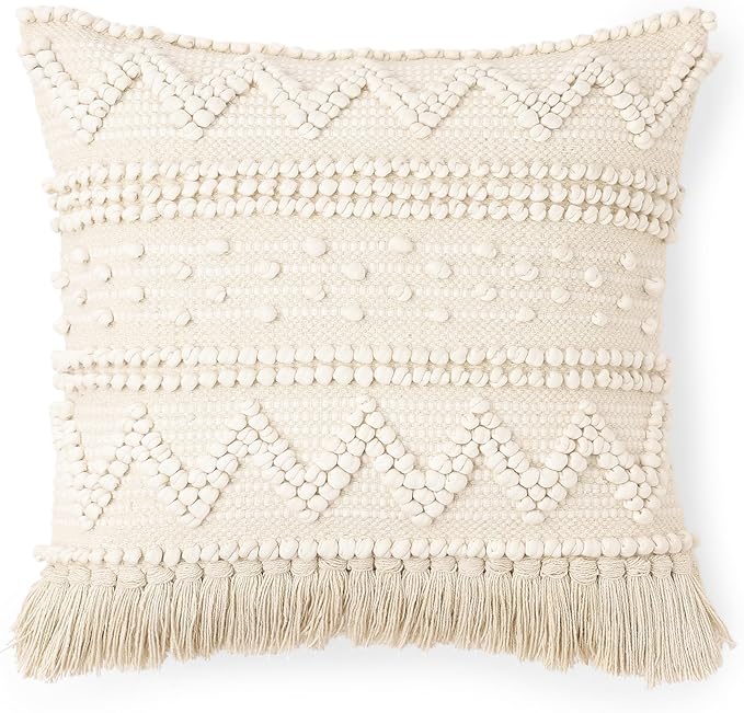 REDEARTH · Boho Textured Throw Pillow Cushion Covers - Woven Tufted Decorative Farmhouse Cases Set for Couch - Bed - Chair - Dining - Patio - Outdoor - 100% Cotton (18"x18" - Natural) Pack of 2