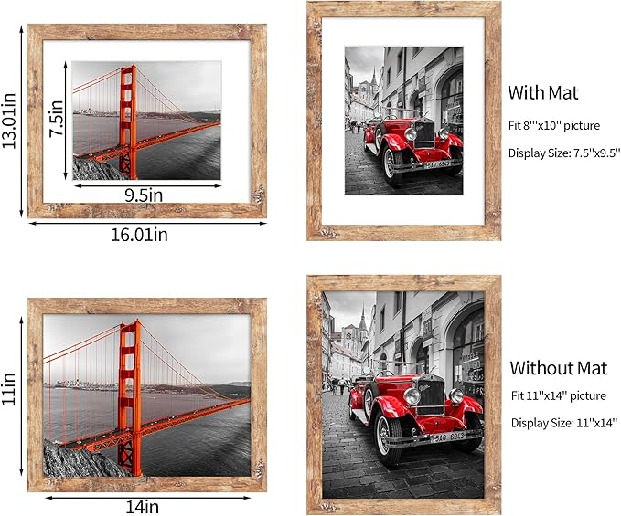 11x14 Picture Frame Set of 4, High Definition Tempered Glass 11 x 14 Photo Frames for Wall Mounting(Distressed White+Oak+Rustic Brown+Black)