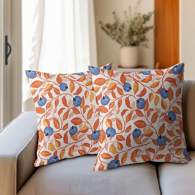 Kawani Fall Leaf Pumpkin Pillow Covers 24x24 Inch Seasonal Autumn Harvest Orange and Blue Outdoor Decorative Throw Pillows Set of 2 Thanksgiving Holiday Pillowcases for Couch Home Decor