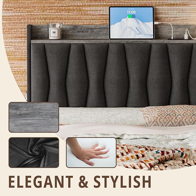 ANCTOR Twin Bed Frame with 3 Drawers, Upholstered Platform Bed with Storage Headboard and Charging Station, No Box Spring Needed, Easy Assembly, Grey
