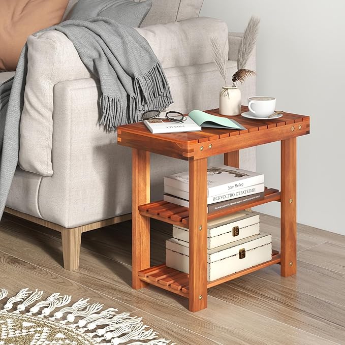 Tangkula Acacia Wood Shoe Rack Bench, 3 Tier Sturdy Bench, Storage Organizer, Holds up to 180lbs for Entryway, Bedroom, Living Room, Balcony, Teak Color (19-inch)