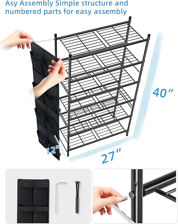 6-Tier Shoe Rack, 27" Wide Shoe Organizer for Closet, 24 Pairs Large Metal Shoe Shelf, Entryway, Bedroom, Black