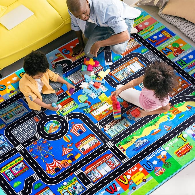 Kids Rugs for Toy Cars Playroom 110"×78.7" ABC Transportation Animals Play Mat Educational Mat Alphabet Area Rug Public Buildings Kids Playtime Collection Toddler Learning Carpet
