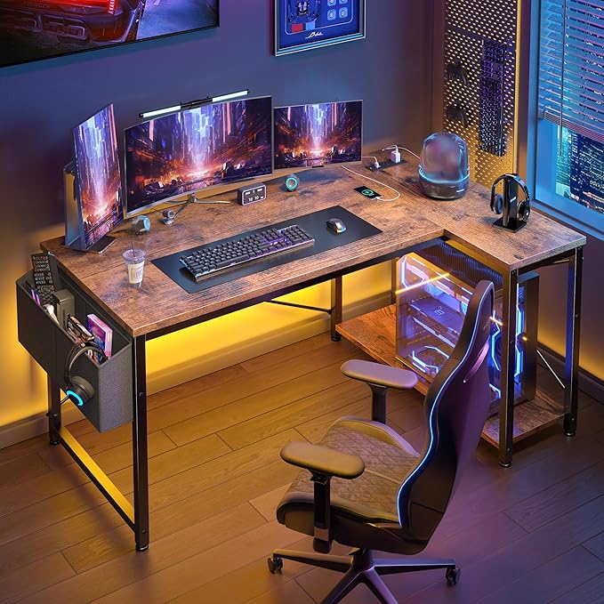 EnHomee 48 Inch L Shaped Gaming Desk, Computer Desk with Storage Shelves & Side Bag, Office Desk with Power Outlets, Small Corner Desk for Small Space Home Office Bedroom, Study Writing Table, Brown