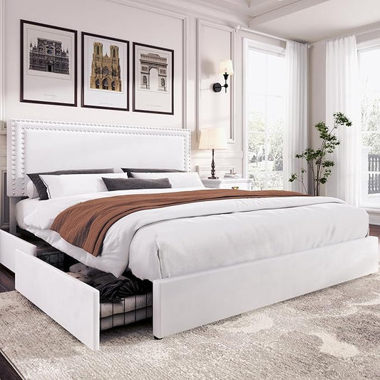 VECELO King Size Upholstered Platform Bed Frame with 4 Storage Drawers, Adjustable Velvet Rivet Decor Headboard, Wooden Slats Support, No Box Spring Needed, Easy Assembly