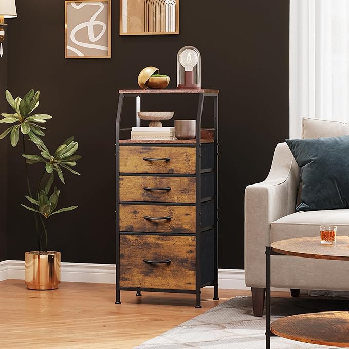 WLIVE Tall Nightstand with 4 Fabric Drawers & Open Shelf, Bedside Table for Bedroom, Modern Tall Dresser, Rustic Brown Wood Grain