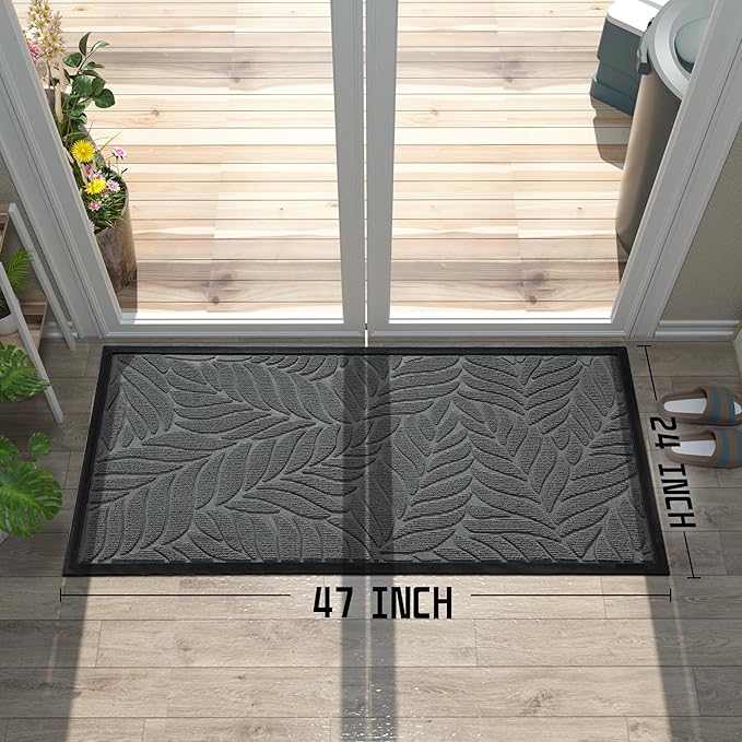 Yimobra Front Door Mat Outdoor Indoor, 47x24 All-Season Waterproof Welcome Matt, All-Weather Outside Entrance Mat, Non-Slip Patio Porch Doormat, Low Profile, Fade Resistant, Grey