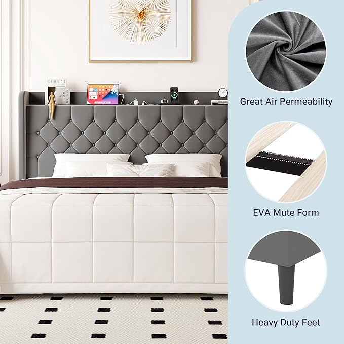 Allewie King Size Bed Frame, Storage Headboard with Charging Station, Wingback Velvet Upholstered, Diamond Stitched Button Tufted, Sturdy Wooden Slats, No Box Spring Needed, Easy Assembly, Grey