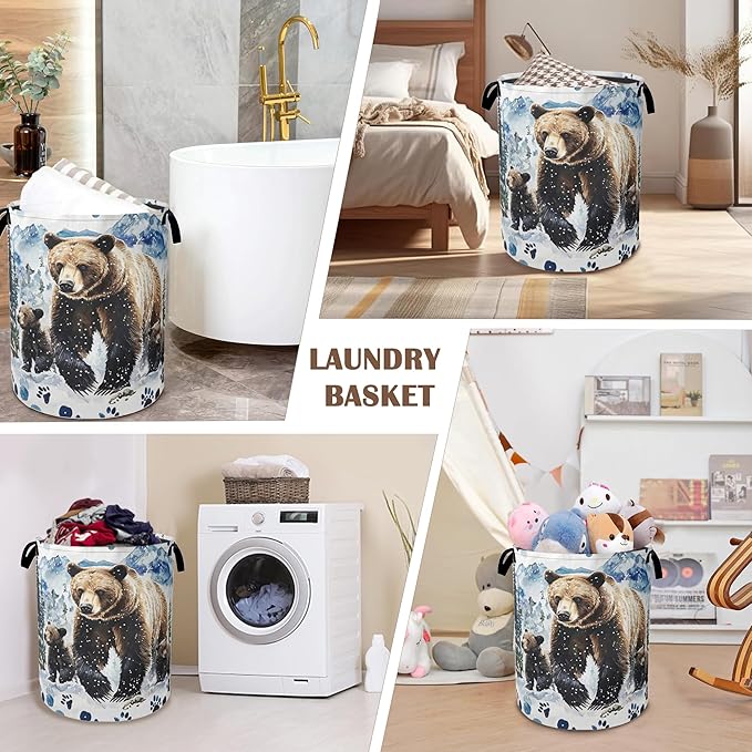 Bear Bear Collapsible Laundry Baskets,Paws Forest Laundry Hamper,Storage Basket with Handles for Bathroom Bedroom College Dormitory Living Room Nursery Organizer 16"x20"