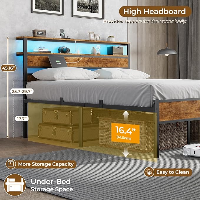 Hasuit Full Bed Frame with Headboard LED Lights, Full Size Bed with Charging Station 2-Tier Storage Shelves, Metal Platform Bed with Heavy Duty Slat, Fast Assembly, No Box Spring Needed, Noise Free