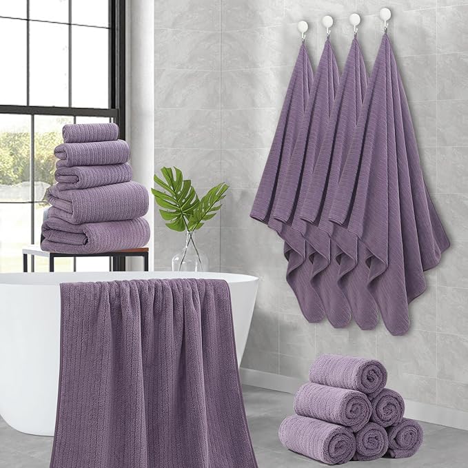 18 Piece Family Bath Towel Set Include 6 Bath Towels,6 Hand Towels and 6 Washcloths Soft Bathroom Towel with Hanging Loops,Highly Absorbent Quick Dry Towels Set for Bathroom,Hotel and Spa-Dark Purple