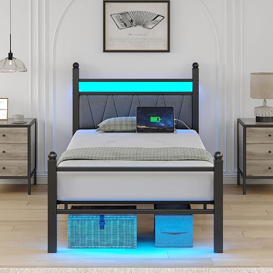 Full Bed Frame with Smart LED Lights, Storage Headboard and USB Charging Station,Heavy Duty Wooden Slats, No Box Spring Needed, Noise Free, Easy Assembly (Modern Black, Twin)