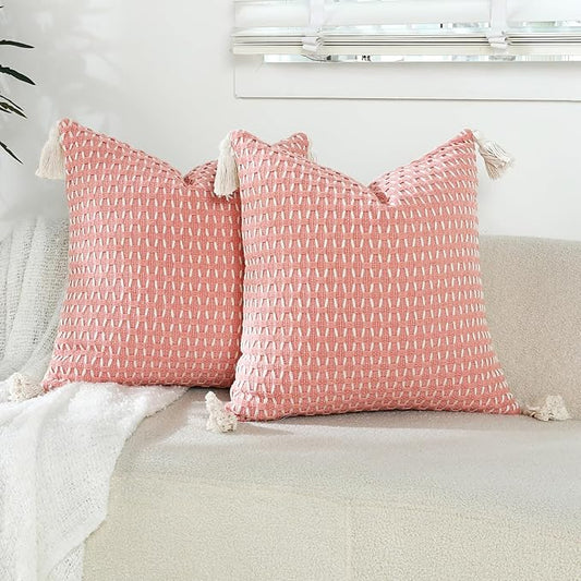 sykting Boho Outdoor Pillow Covers 20x20 Set of 2 Thick Woven Pink Throw Pillow Covers with Tassels for Couch Sofa Living Room