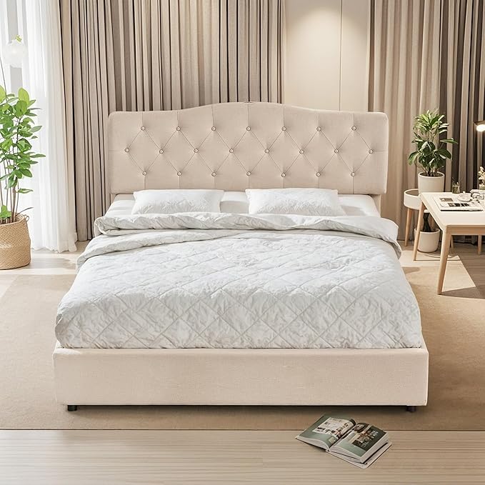 VECELO Queen Size Platform Bed Frame with 4 Storage Drawers,Fabric Upholstered Headboard and Wooden Slats Support,Built-in USB and Type C Ports, No Box Spring Needed,Easy Assembly