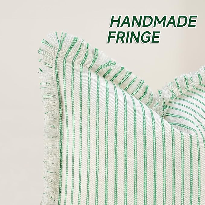 ZWJD Throw Pillow Covers 22x22 Set of 2 Green Striped Pillow Covers with Fringe Chic Cotton Decorative Pillows Square Cushion Covers for Couch Bed Living Room Farmhouse Spring Decor
