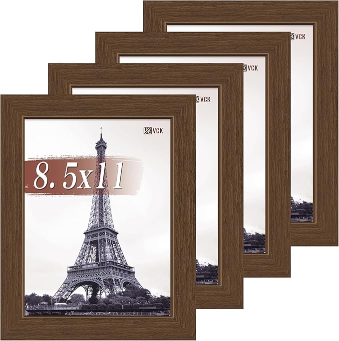 VCK 8.5x11 Picture Frame Set of 4 - Brown, Gallery-Quality Wood Poster Frames, 1.1-Inch Wide Border, Polished Plexiglass, Vertical or Horizontal Wall & Tabletop Display for Photo/Art/Prints, Brown