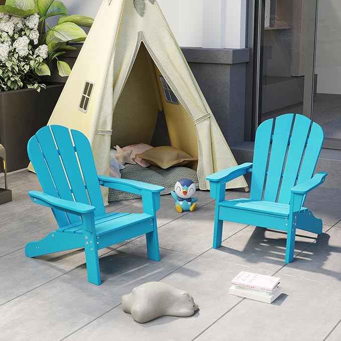 Giantex HDPE Kids Adirondack Chair - All-Weather Lawn Toddler Chair with Ergonomic Design, Children’s Outdoor Chair for Toddlers Ages 3-8, Kid’s Patio Furniture for Deck, Garden (4, Turquoise)
