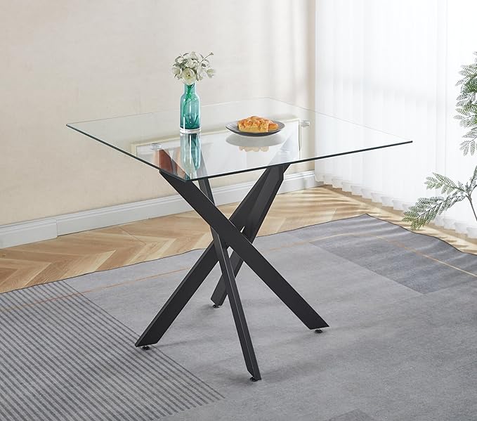 Square Glass Dining Table,Glass Dining Room Table with Tempered Glass Tabletop and Metal Legs, Modern Style Glass Kitchen Table for Home, Kitchen, Dining Room