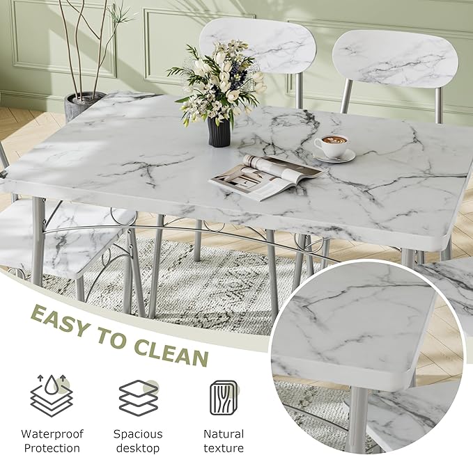 VECELO Dining Table Set for 4, 5-Piece Kitchen Table with 4 Chairs, MDF Board Tabletop with Metal Frame for Small Space, Compact Dinette, Breakfast Nook, White