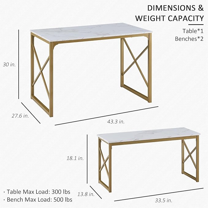 VECELO Kitchen Table with 2 Benches for 4, Wood Dining Room Dinette Sets with Metal Frame for Breakfast Nook and Small Space