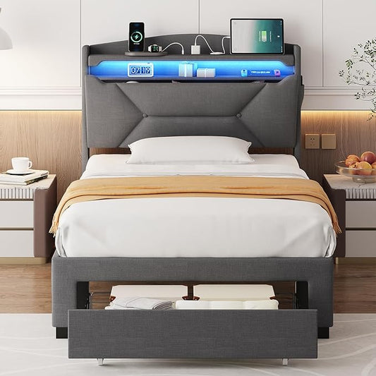 Twin Bed Frame, Twin Bed Frames with Storage Headboard, Upholstered Twin Size Bed Frame with Drawers, Charging Station and LED Lights, Easy Assembly, Grey