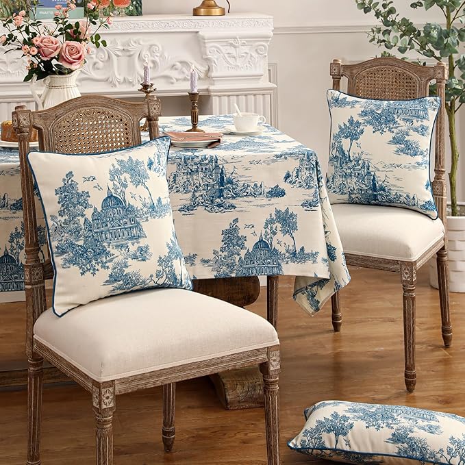 patdrea Designer Square Throw Pillow Covers Set of 2,Rustic Linen with Chinoiserie Blue Scenery Pattern Pillows Cover,Decorative Pillowcases Cushion for Bed Living Room Outdoor Car,18 x18 Inches