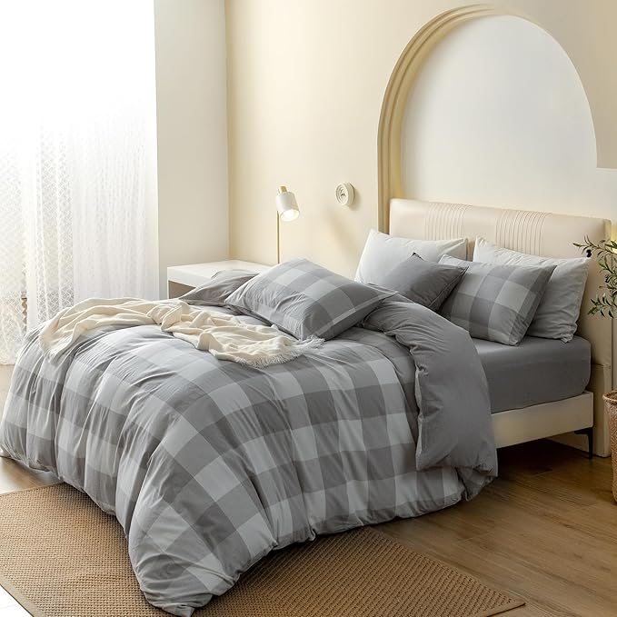 JIYUAN 100% Washed Cotton Duvet Cover Set 3 Pieces Queen, 1 Duvet Cover 90x90 Inches(Comforter Not Included) and 2 Pillowcases,Linen Feel Bedding Set Comfy and Breathable, Heathered Plaid Grey