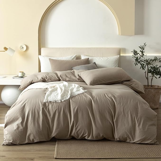 JIYUAN 100% Washed Cotton Duvet Cover Set 3 Pieces Cal King, 1 Duvet Cover 104x98 Inches(Comforter Not Included) and 2 Pillowcases,Linen Feel Bedding Set Comfy and Breathable,Khaki