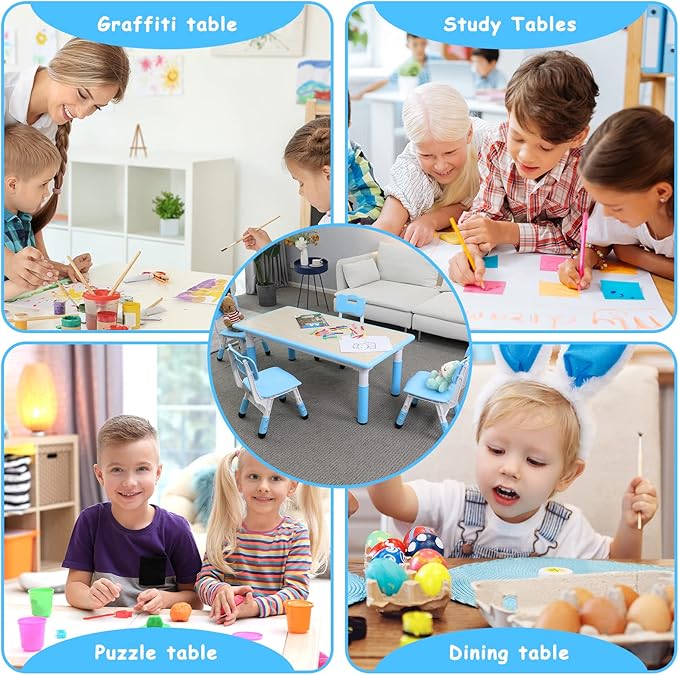Arlopu Kids Table and 4 Chair Set, Height Adjustable Toddler Table and Chair Set, Non-Slip Legs, Graffiti Desktop, Large Children Activity Table, Reading Daycare Classroom Home (Blue)