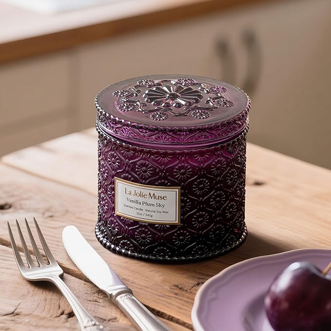 LA JOLIE MUSE Vanilla Plum Sky Candle, Fall Candles for Home Scented, Large 2-Wick Soy Candles, Luxury Jar Candle Gifts for Women & Men, 60 Hours Long Burning, 12oz