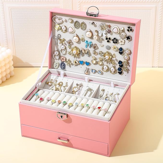 BOOVO Earring Jewelry Box For Women Girl Stud Organizer, 5 Layers Girl Jewelry Organizer Box With Lock Earring Holder Organizer Necklace Ring Jewelry Organizer Box For Girls (Pink)