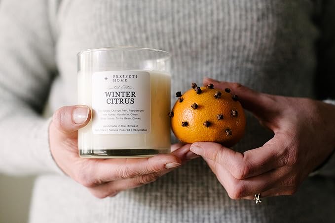 PERIPETI Home Winter Citrus Scented Candle, Wooden Wick β 8.5oz Natural Soy Wax for Energizing Aromatherapy, Long-Lasting Burn