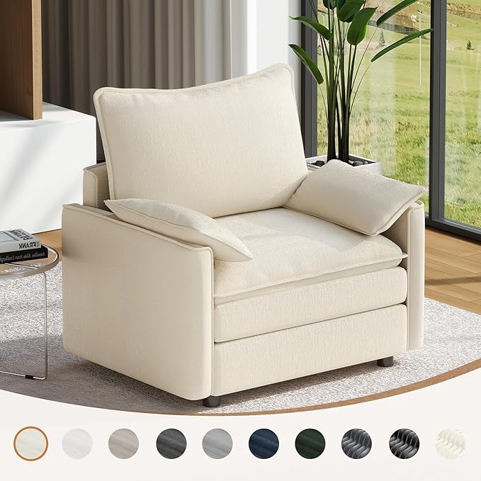 Vesgantti 40" Single Seat Sofa, Comfy Cloud Couch Deep Seat Upholstered Couch Chenille Modern Sofa with Armrest Pillow, Easy Assembly for Living Room, Bedroom and Apartment, Beige