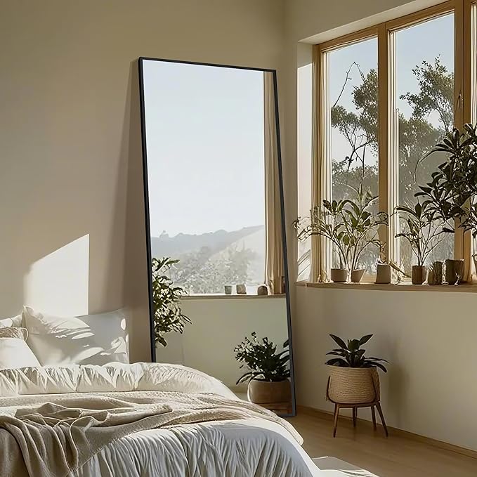 Delma Standing Full Length Mirror with Aluminium Frame for Bedroom Bathroom Living Room(with Stand,70x35-Black)