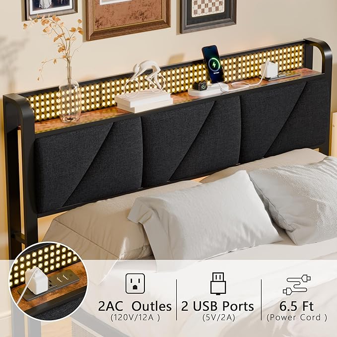Furnulem Queen Size Bed Frame with Headboard and LED Lights, Upholstered Bedframe with Charging Station and USB Port, Platform Metal Bed Frames, No Box Spring Needed, Noise Free