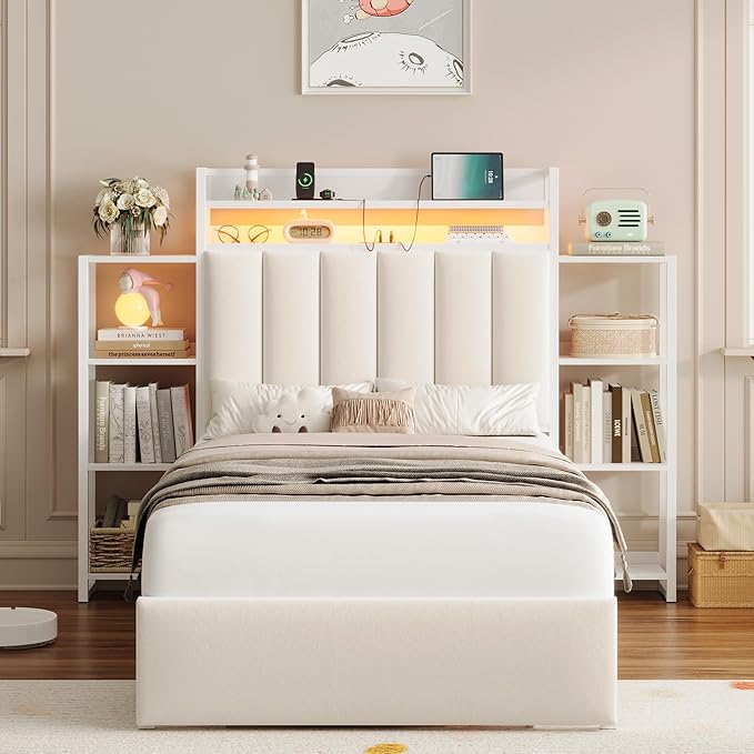 Keyluv Twin Bed Frame with Storage Headboard & Charging Station, Upholstered LED Platform Bed with Bedside Storage Rack & Drawer, Metal Slat Support, No Box Spring Needed, Velvet Fabric, White