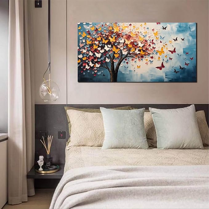 Butterfly Tree Canvas Wall Art for Living Room Bedroom Home Office Blue Colorful Tree of Life Wall Art Modern Large Framed Canvas Prints Size 24x48