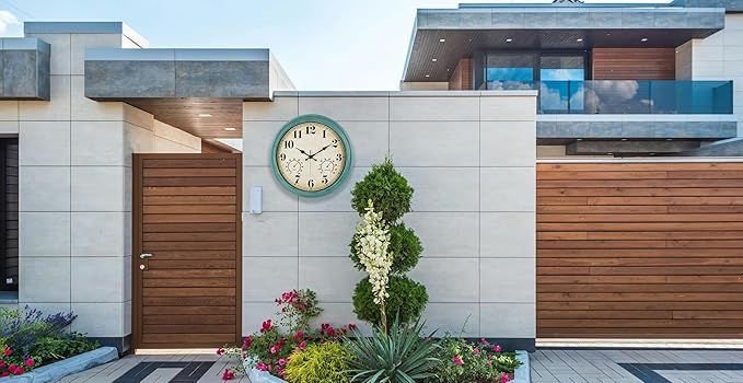 zyzamay 16 Inch Green Vintage Indoor/Outdoor Wall Clock with Thermometer & Hygrometer & Waterproof, Large Silent Sweep Numerals, Perfect for Porch, Garden, Pool