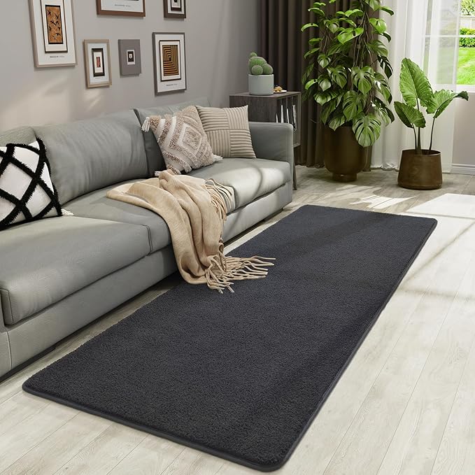 Soft Runner Rugs for Bedroom 2x6, Non Slip Runners for Hallway Kitchen Laundry Dorm Washable, Minimalist Low Pile Long Rugs for Boys Men Girls Kids, Dark Grey