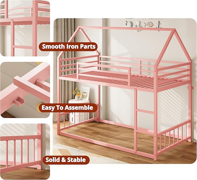 LIKIMIO Bunk Bed Twin Over Twin, House Bunk Bed Frame with Ladder and Guardrail, House Shaped with Metal Slats for Dormitory and Bedroom, Space Saving, No Box Spring Needed, Pink