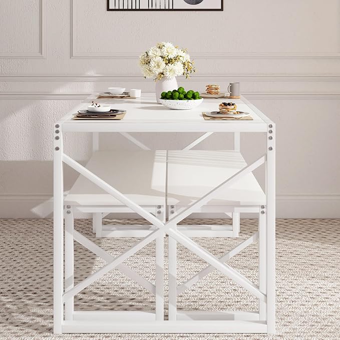 VECELO Kitchen Dining Table Set for 4 to 6, 55" Wood Dinette 2 Benches with Metal Frame for Dinner Breakfast Nook and Small Space, White