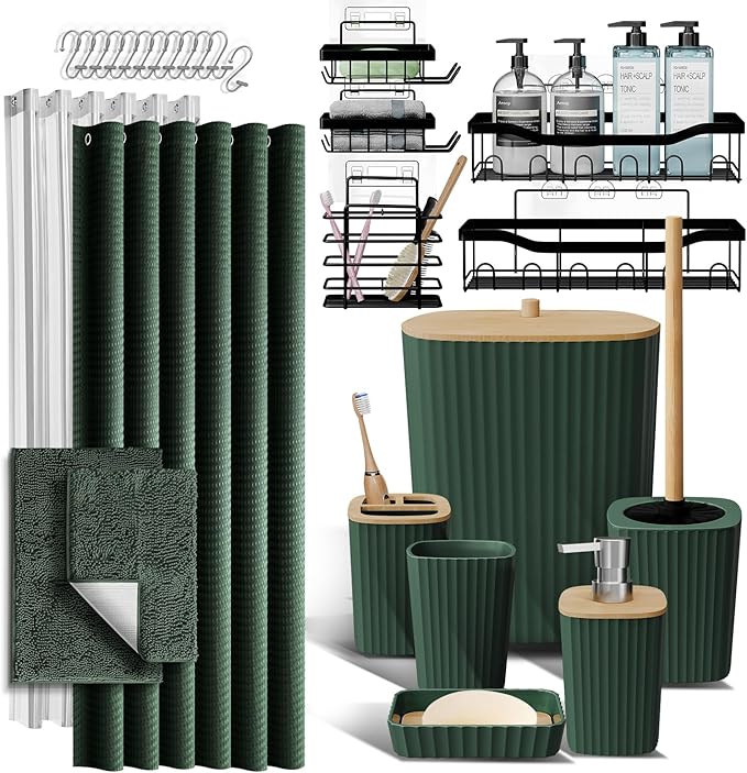 Bathroom Accessories Set with Shower Caddy and Bath Rugs 27PC Bathroom Accessory Set with Shower Caddies Green Bath Rugs, Shower Curtain Set, Toilet Brush, Trash Can, Soap Dispenser, Toothbrush holder