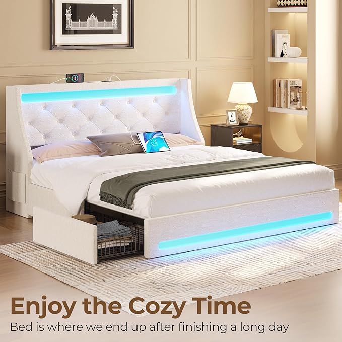 Rolanstar Full Bed Frame with LED Lights and Charging Station, Upholstered Bed with Drawers, Wooden Slats, Noise Free, Easy Assembly, Beige