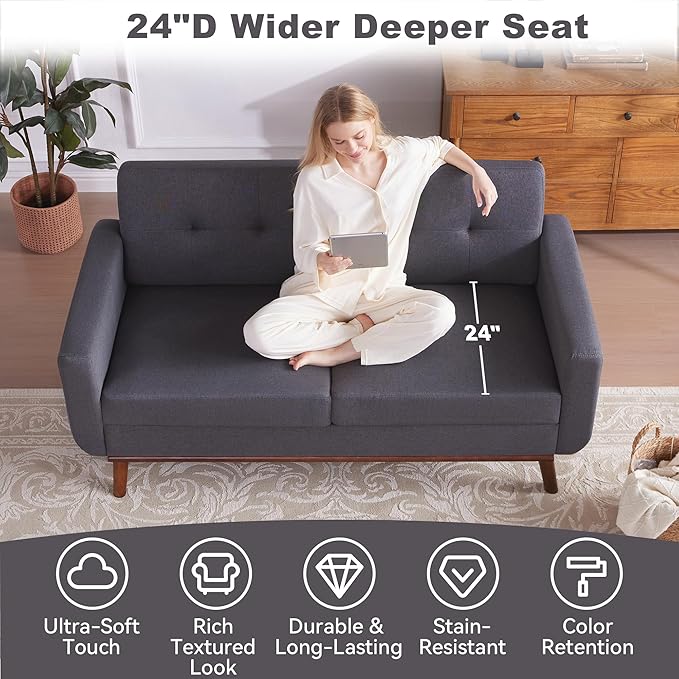 Kingfun 65" W Loveseat Sofa, Mid Century Modern Decor Love Seat Couches for Living Room, Button Tufted Upholstered Furniture, Solid & Easy to Install Small Couch for Bedroom Office Apartment,Gray